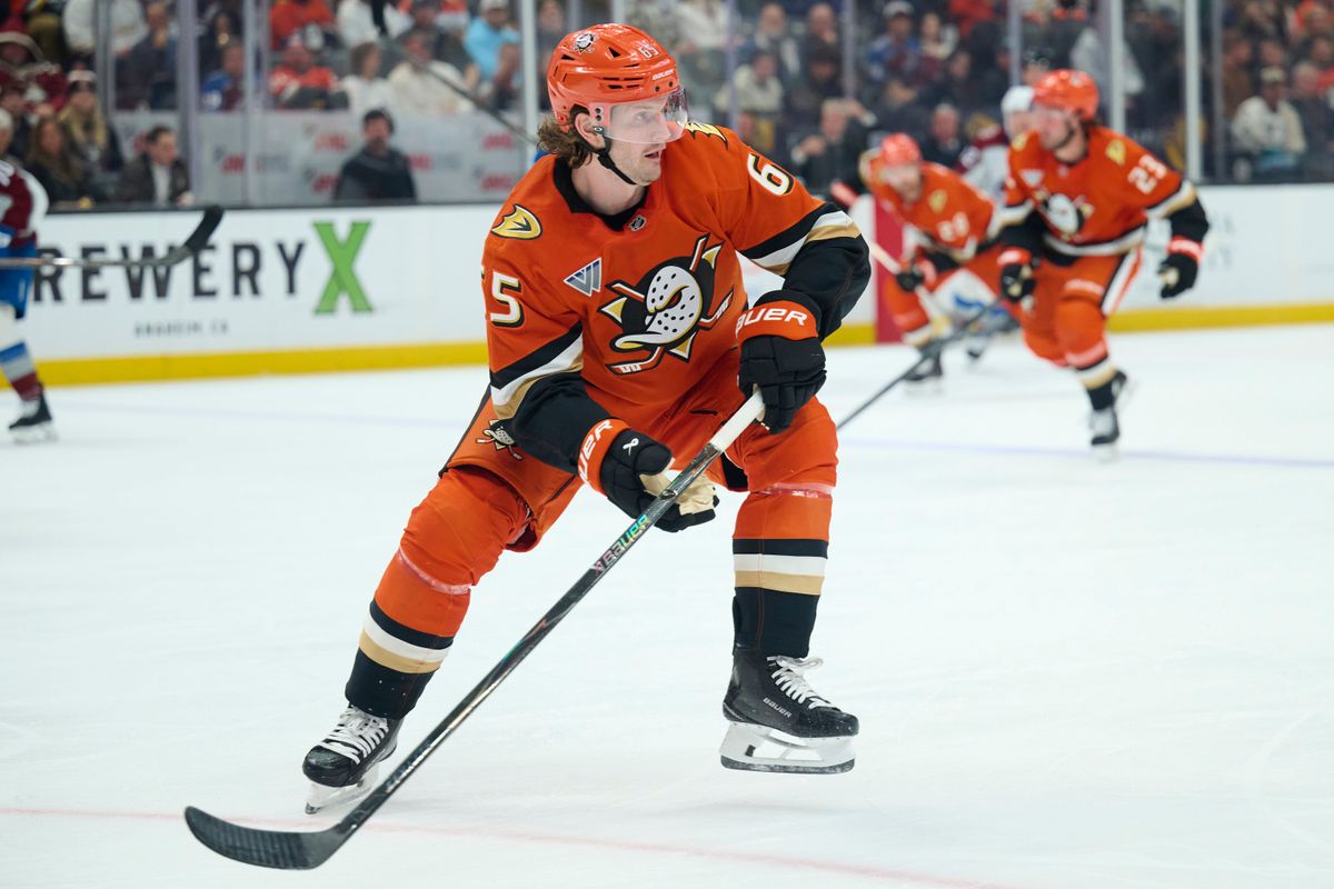 The Anaheim Ducks defender Jacob Trouba (65) clears the puck during an NHL game against The Colorado Avalanche, March 3rd, 2026 in Anaheim California. The Anaheim Ducks defender Jacob Trouba (65) clears the puck during an NHL game against The Colorado Avalanche, March 3rd, 2026 in Anaheim California.