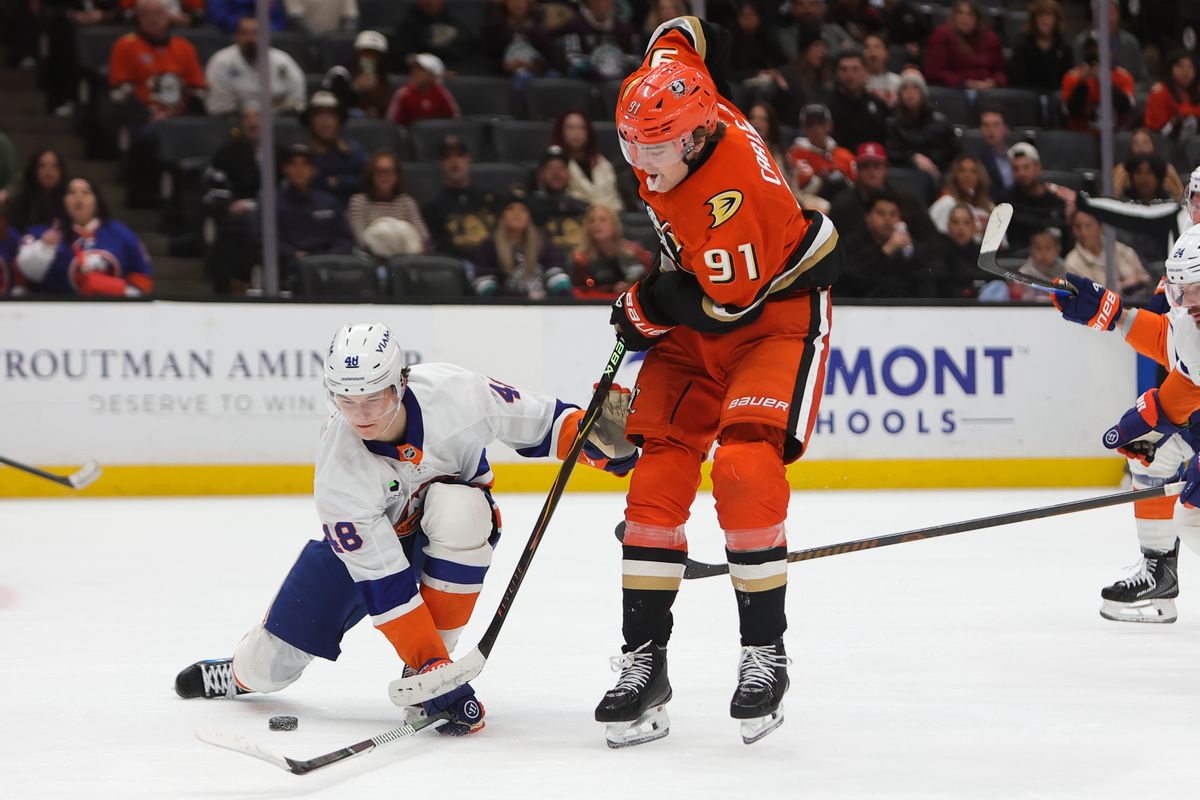 Anaheim Ducks center Leo Carlsson (91) skates with the puck during an NHL game against the New York Islanders on March 4, 2026 in Anaheim, CA. Anaheim Ducks center Leo Carlsson (91) skates with the puck during an NHL game against the New York Islanders on March 4, 2026 in Anaheim, CA.