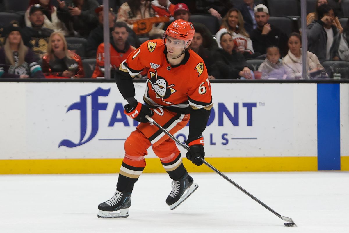 Anaheim Ducks left wing Cutter Gauthier (61) skates with the puck during an NHL game against the New York Islanders on March 4, 2026 in Anaheim, CA. Anaheim Ducks left wing Cutter Gauthier (61) skates with the puck during an NHL game against the New York Islanders on March 4, 2026 in Anaheim, CA.