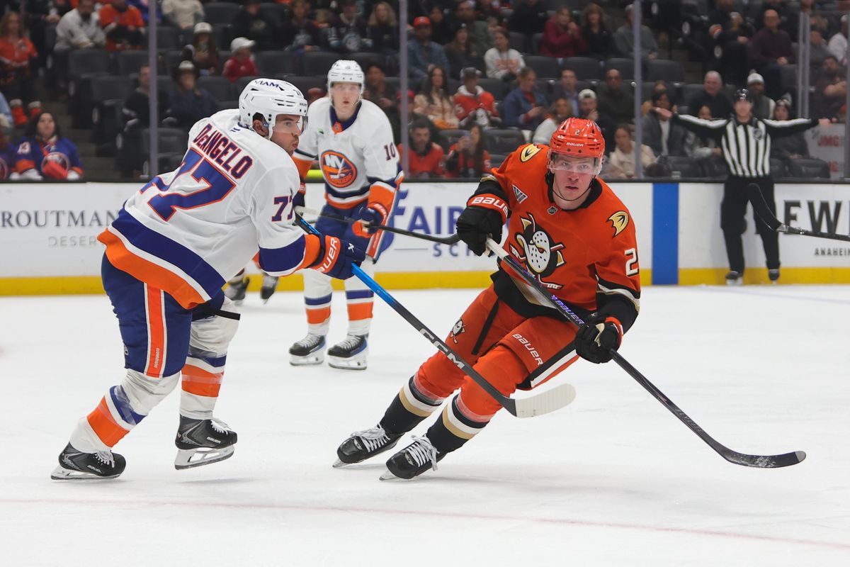 Anaheim Ducks defenseman Jackson LaCombe (2) chases after the puck during an NHL game against the New York Islanders on March 4, 2026 in Anaheim, CA. Anaheim Ducks defenseman Jackson LaCombe (2) chases after the puck during an NHL game against the New York Islanders on March 4, 2026 in Anaheim, CA.
