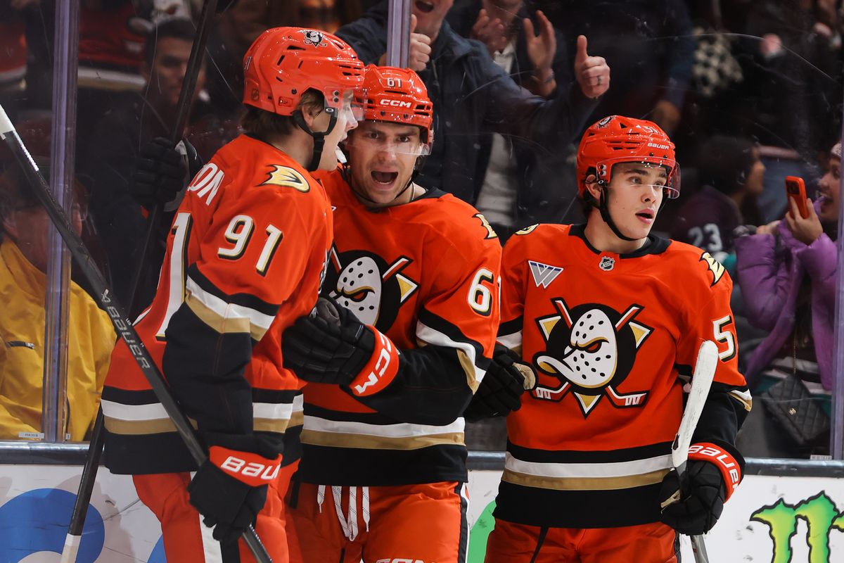 Anaheim Ducks left wing Cutter Gauthier (61) celebrates scoring a goal with teammates during an NHL game against the New York Islanders on March 4, 2026 in Anaheim, CA. Anaheim Ducks left wing Cutter Gauthier (61) celebrates scoring a goal with teammates during an NHL game against the New York Islanders on March 4, 2026 in Anaheim, CA.
