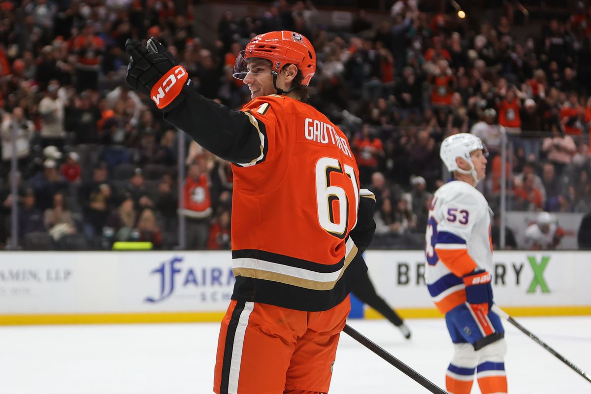 Anaheim Ducks left wing Cutter Gauthier (61) reacts after scoring a goal during an NHL game against the New York Islanders on March 4, 2026 in Anaheim, CA. Anaheim Ducks left wing Cutter Gauthier (61) reacts after scoring a goal during an NHL game against the New York Islanders on March 4, 2026 in Anaheim, CA.