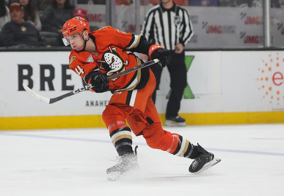 Anaheim Ducks defenseman Ian Moore (74) takes a shot on goal during an NHL game against the New York Islanders on March 4, 2026 in Anaheim, CA. Anaheim Ducks defenseman Ian Moore (74) takes a shot on goal during an NHL game against the New York Islanders on March 4, 2026 in Anaheim, CA.