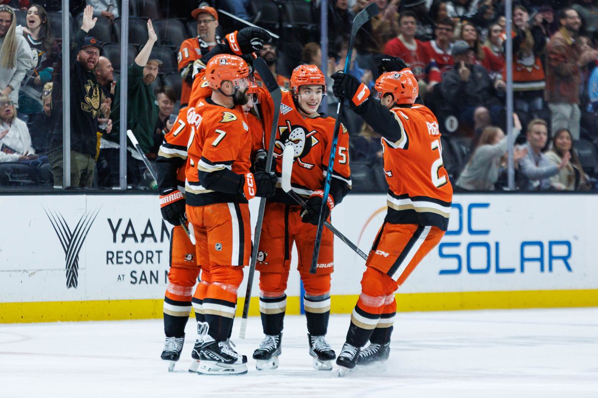 Anaheim Ducks defenseman Radko Gudas (7) celebrates with teammates after scoring a goal during an NHL match against the Montreal Canadiens on March 6, 2026 in Anaheim, California. Anaheim Ducks defenseman Radko Gudas (7) celebrates with teammates after scoring a goal during an NHL match against the Montreal Canadiens on March 6, 2026 in Anaheim, California.