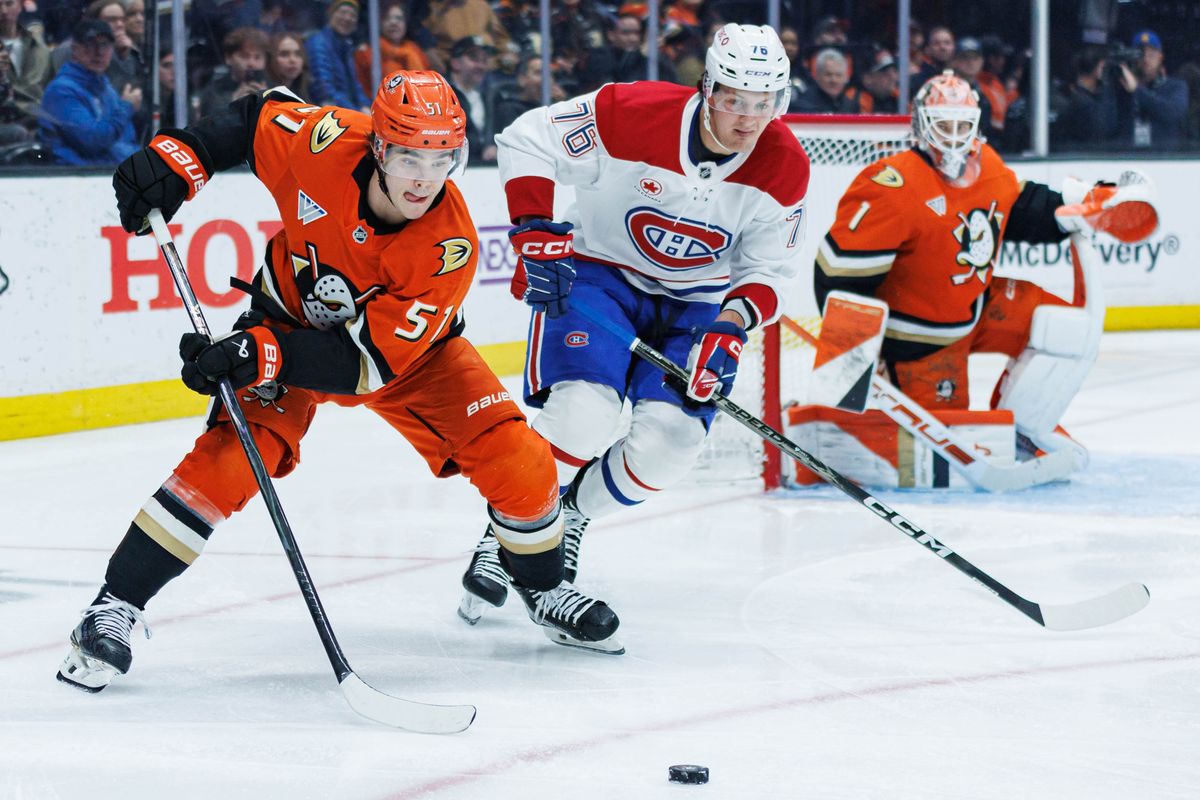 Anaheim Ducks defenseman Olen Zellweger (51) defends the puck during an NHL match against the Montreal Canadiens on March 6, 2026 in Anaheim, California. Anaheim Ducks defenseman Olen Zellweger (51) defends the puck during an NHL match against the Montreal Canadiens on March 6, 2026 in Anaheim, California.