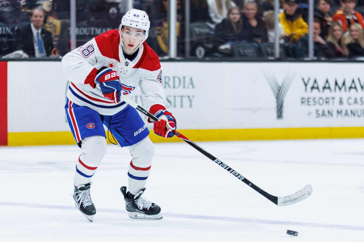 Montreal Canadiens defenseman Lane Hutson (48) looks to pass the puck during an NHL match against the Anaheim Ducks on March 6, 2026 in Anaheim, California. Montreal Canadiens defenseman Lane Hutson (48) looks to pass the puck during an NHL match against the Anaheim Ducks on March 6, 2026 in Anaheim, California.