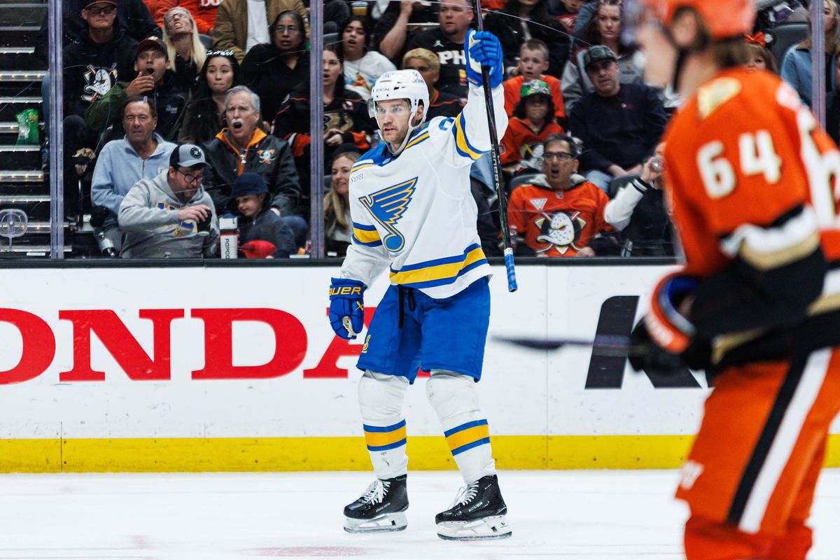 St. Louis Blues left wing Johnathan Drouin (92) reacts after scoring a goal during an NHL match against the Anaheim Ducks on March 8, 2026 in Anaheim, California. St. Louis Blues left wing Johnathan Drouin (92) reacts after scoring a goal during an NHL match against the Anaheim Ducks on March 8, 2026 in Anaheim, California.