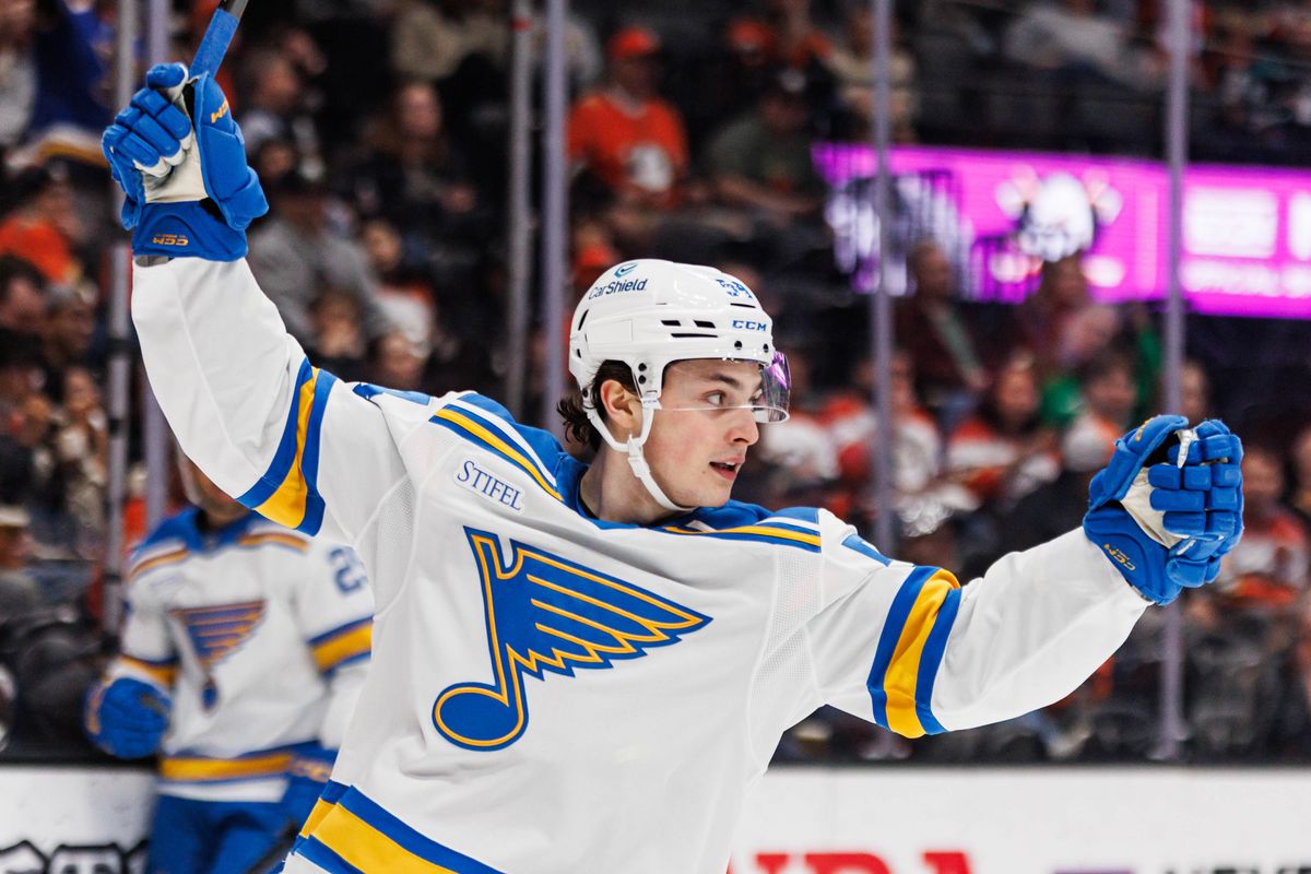 St. Louis Blues right wing Dalibor Dvorsky (54) celebrates after a goal was scored during an NHL match against the Anaheim Ducks on March 8, 2026 in Anaheim, California. St. Louis Blues right wing Dalibor Dvorsky (54) celebrates after a goal was scored during an NHL match against the Anaheim Ducks on March 8, 2026 in Anaheim, California.
