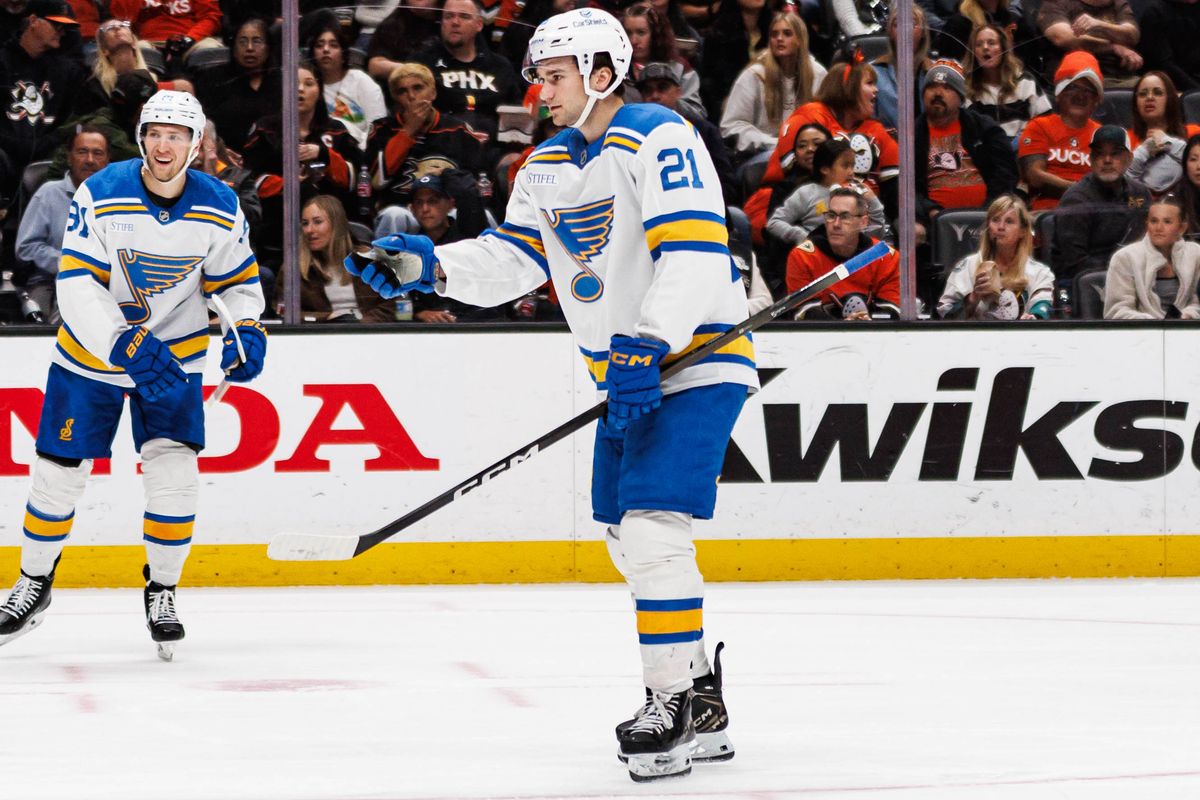 St. Louis Blues right wing Jimmy Snuggerud (21) reacts after scoring a goal during an NHL match against the Anaheim Ducks on March 8, 2026 in Anaheim, California. St. Louis Blues right wing Jimmy Snuggerud (21) reacts after scoring a goal during an NHL match against the Anaheim Ducks on March 8, 2026 in Anaheim, California.