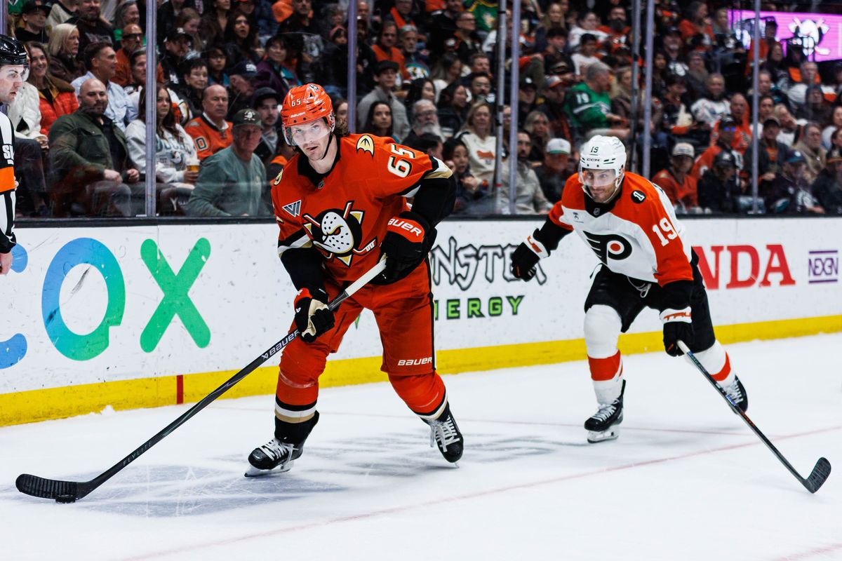 Anaheim Ducks defenseman Jacob Trouba (#65) defends the puck during an NHL match against the Philadelphia Flyers on March 18, 2026 in Anaheim, California. Anaheim Ducks defenseman Jacob Trouba (#65) defends the puck during an NHL match against the Philadelphia Flyers on March 18, 2026 in Anaheim, California.