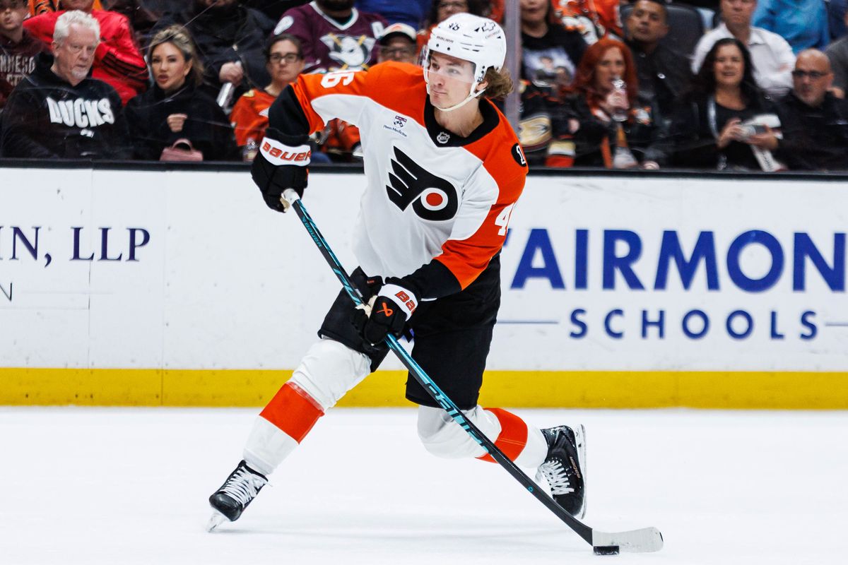 Philadelphia Flyers center Trevor Zegras (#46) shoots the puck during an NHL match against the Anaheim Ducks on March 18, 2026 in Anaheim, California. Philadelphia Flyers center Trevor Zegras (#46) shoots the puck during an NHL match against the Anaheim Ducks on March 18, 2026 in Anaheim, California.