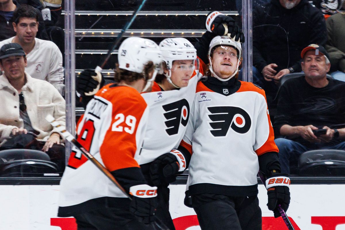 Philadelphia Flyers right wing Owen Tippett (#74) celebrates with teammates after scoring a goal during an NHL match against the Anaheim Ducks on March 18, 2026 in Anaheim, California. Philadelphia Flyers right wing Owen Tippett (#74) celebrates with teammates after scoring a goal during an NHL match against the Anaheim Ducks on March 18, 2026 in Anaheim, California.