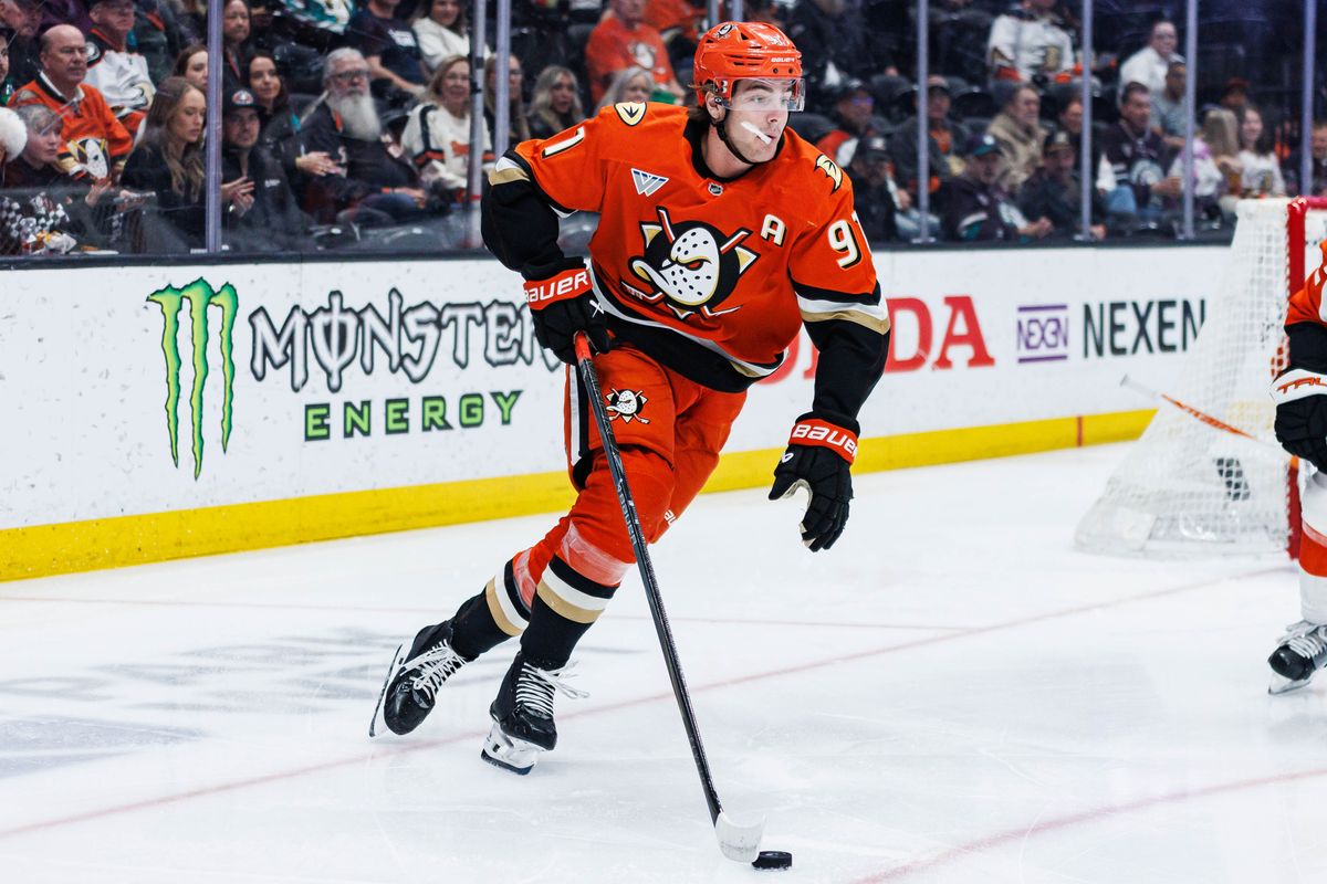 Anaheim Ducks center Leo Carlsson (#91) skates with the puck during an NHL match against the Philadelphia Flyers on March 18, 2026 in Anaheim, California. Anaheim Ducks center Leo Carlsson (#91) skates with the puck during an NHL match against the Philadelphia Flyers on March 18, 2026 in Anaheim, California.