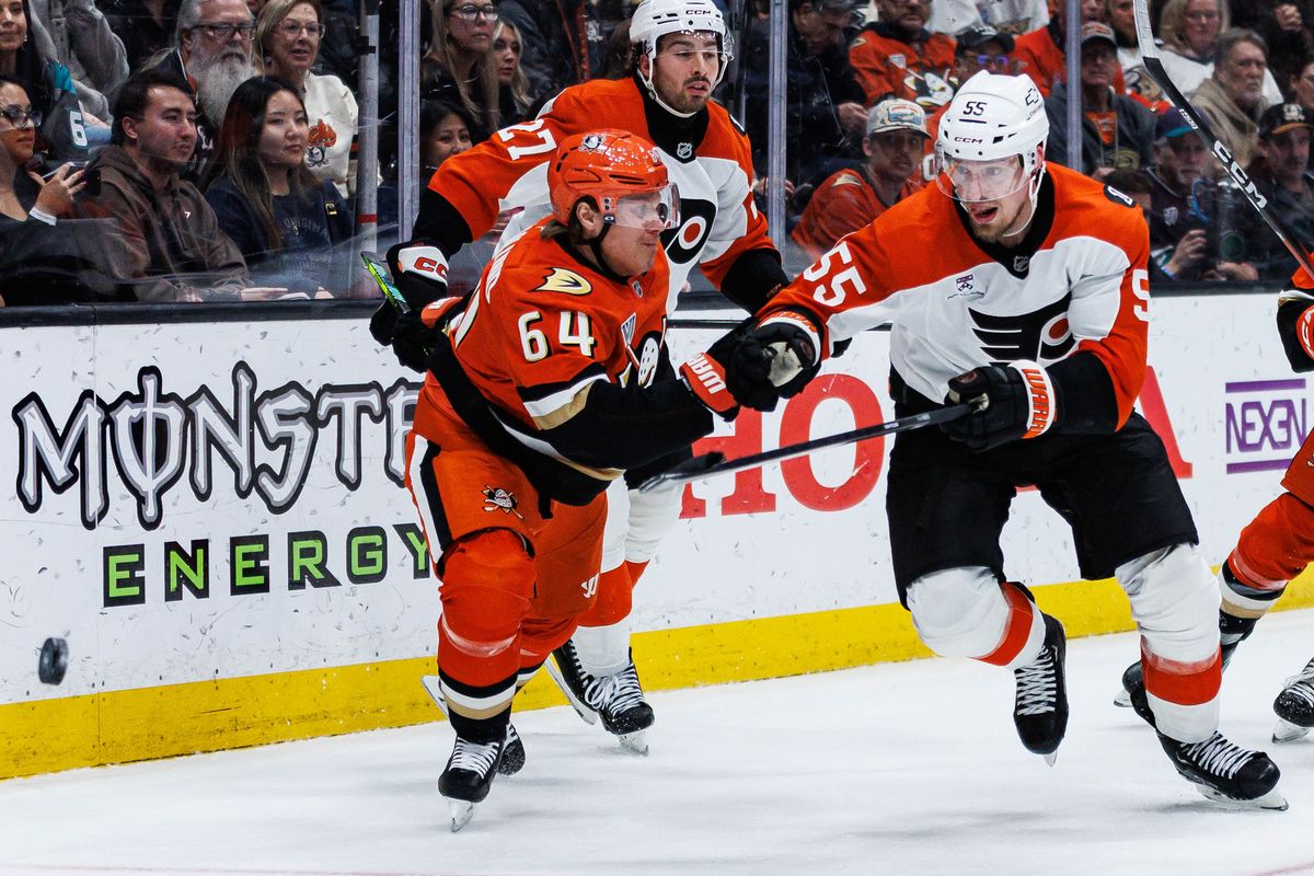 Philadelphia Flyers defenseman Rasmus Ristolainen (#55) skates towards the puck during an NHL match against the Anaheim Ducks on March 18, 2026 in Anaheim, California. Philadelphia Flyers defenseman Rasmus Ristolainen (#55) skates towards the puck during an NHL match against the Anaheim Ducks on March 18, 2026 in Anaheim, California.
