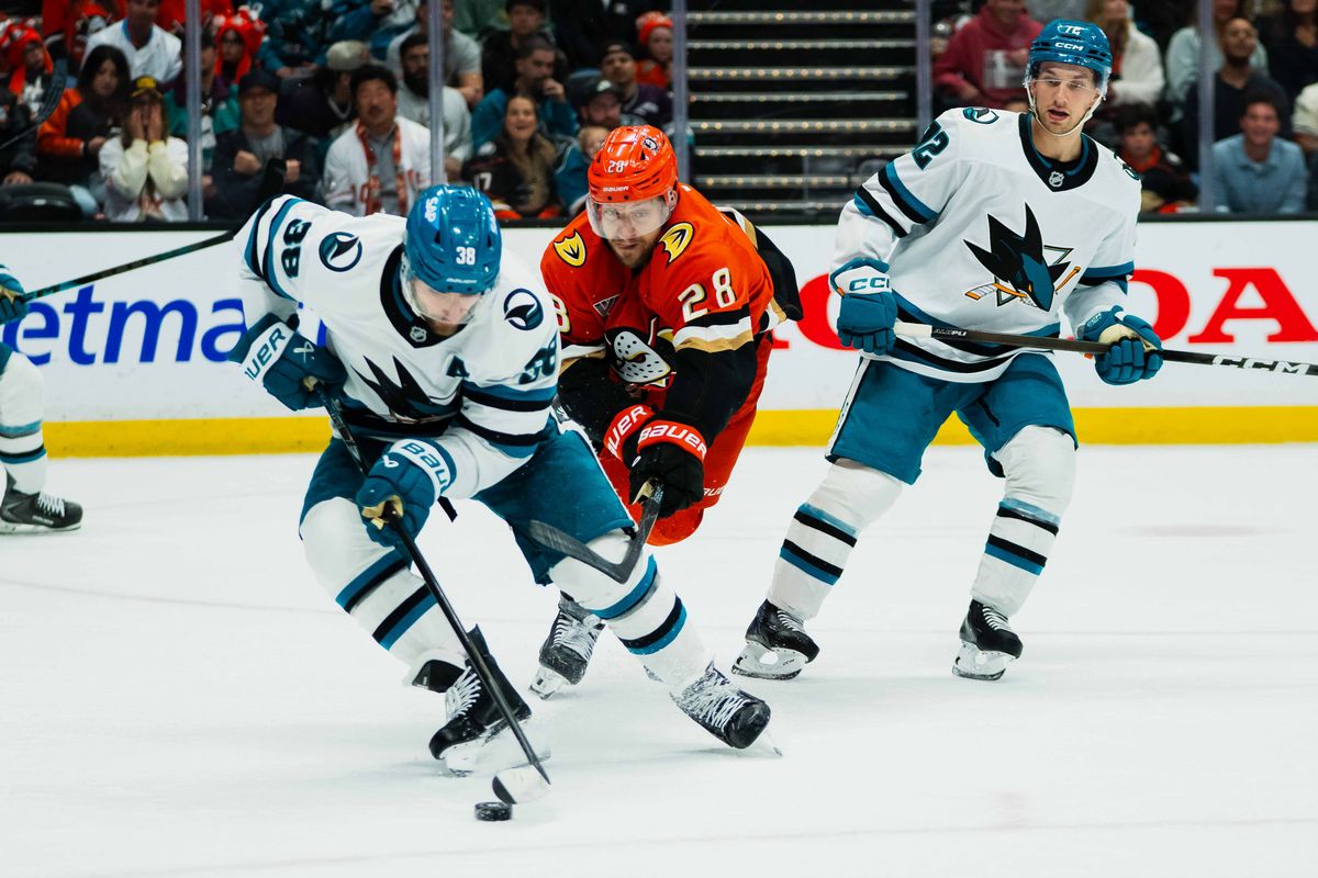 Anaheim Ducks left wing Jeffrey Viel (28) fighting for the puck during an NHL hockey game against the San Jose Sharks, Thursday, April 9th, 2026 in Anaheim, California Anaheim Ducks left wing Jeffrey Viel (28) fighting for the puck during an NHL hockey game against the San Jose Sharks, Thursday, April 9th, 2026 in Anaheim, California