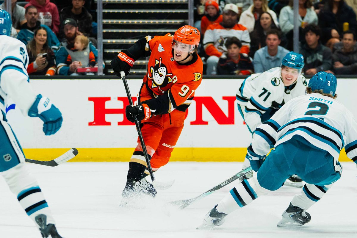 Anaheim Ducks center Leo Carlsson (91) takes an attempt at goal during an NHL hockey game against the San Jose Sharks, Thursday, April 9th, 2026 in Anaheim, California Anaheim Ducks center Leo Carlsson (91) takes an attempt at goal during an NHL hockey game against the San Jose Sharks, Thursday, April 9th, 2026 in Anaheim, California