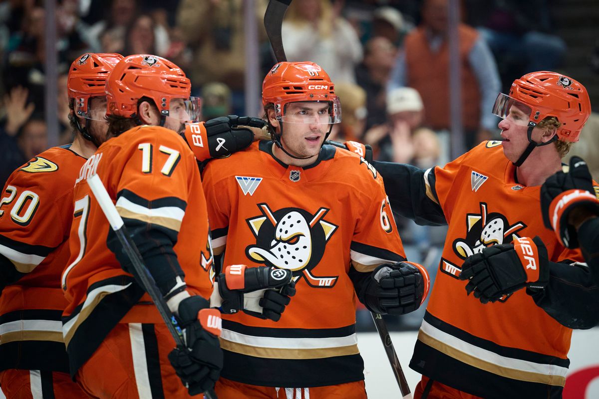 The Anaheim Duck’s celebrate a goal during an NHL game against the Vancouver Canucks, April 12th, 2026 in Anaheim California. The Anaheim Duck’s celebrate a goal during an NHL game against the Vancouver Canucks, April 12th, 2026 in Anaheim California.