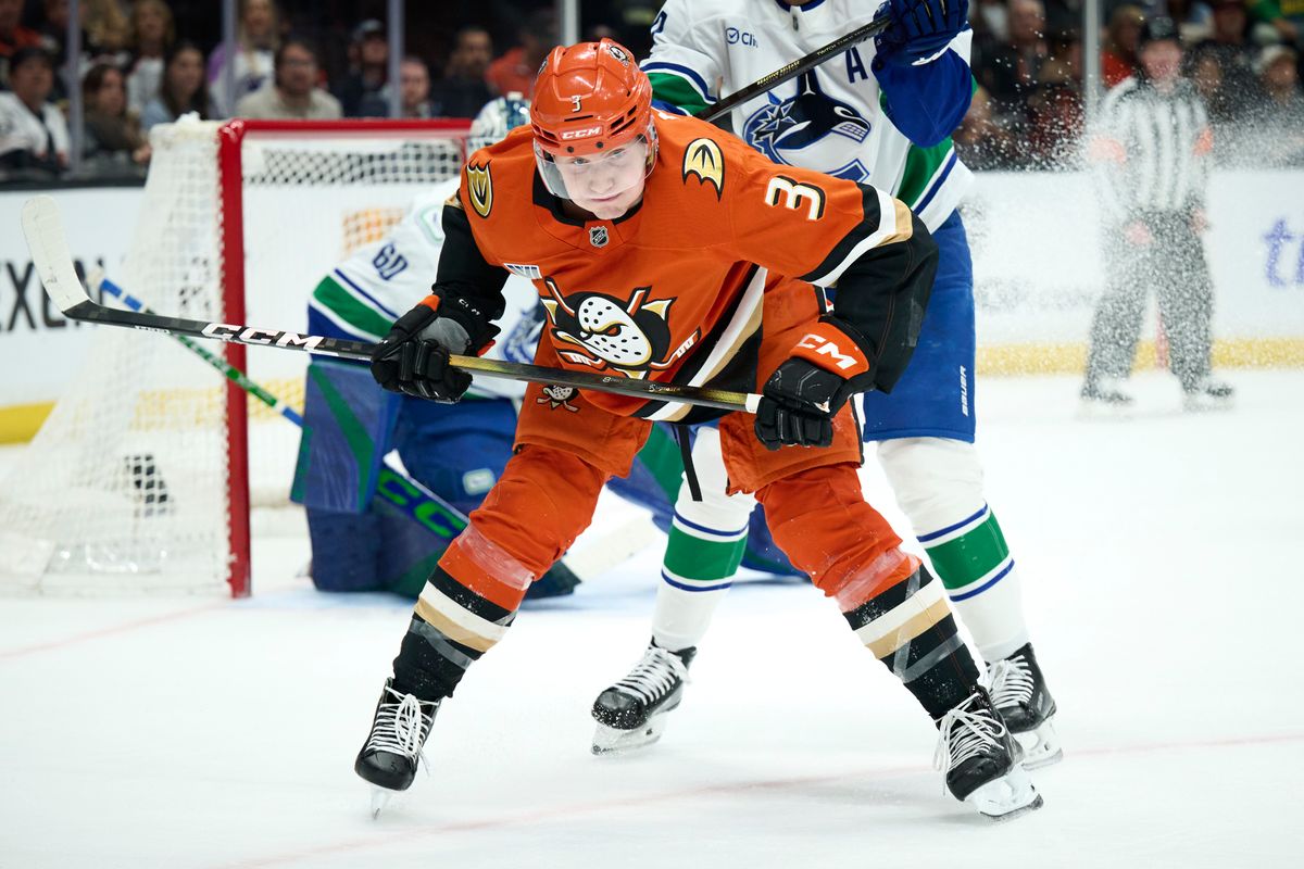 The Anaheim Duck’s Ian Moore #3 looks for the pass during an NHL game against the Vancouver Canucks, April 12th, 2026 in Anaheim California. The Anaheim Duck’s Ian Moore #3 looks for the pass during an NHL game against the Vancouver Canucks, April 12th, 2026 in Anaheim California.