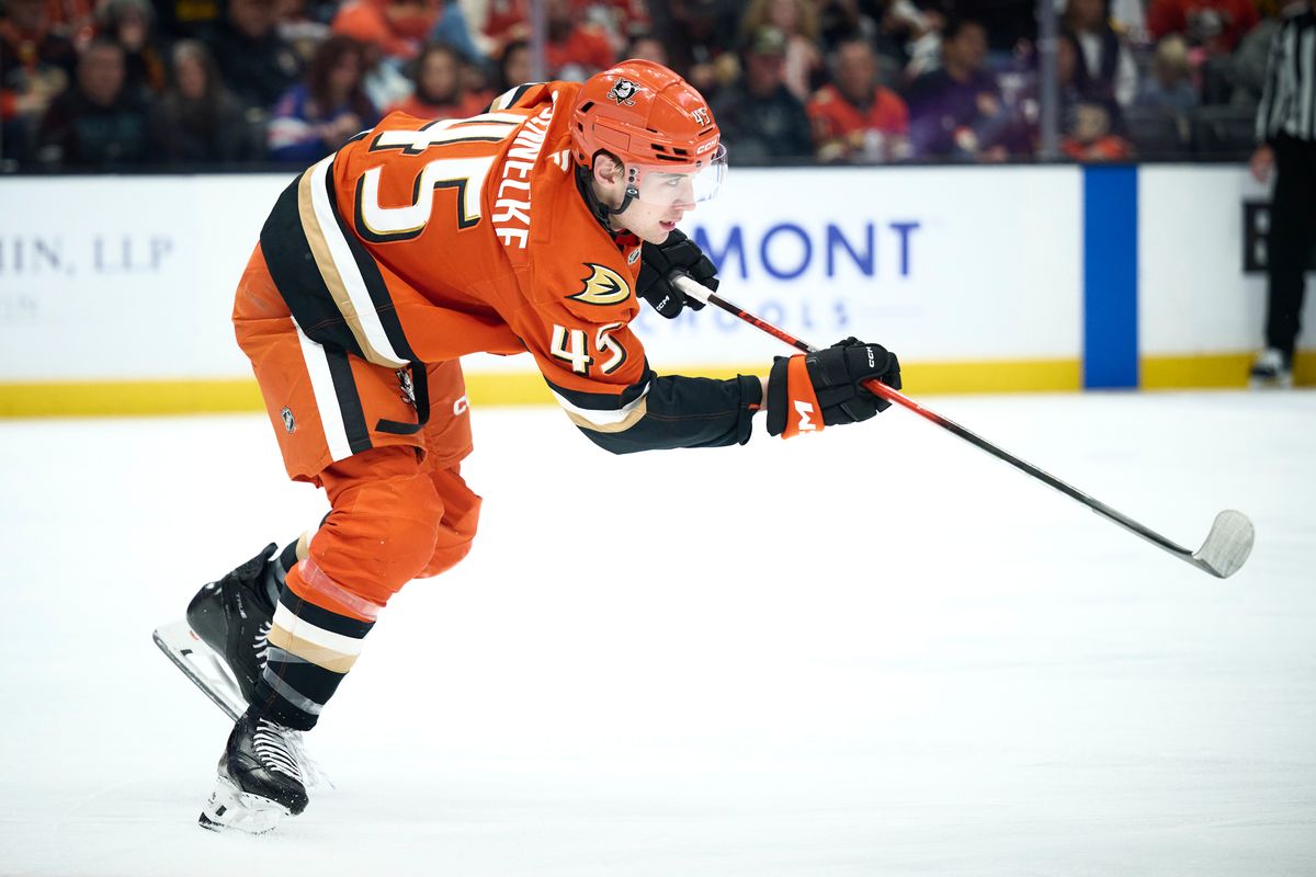 The Anaheim Duck’s Beckett Sennecke #45 passes the puck during an NHL game against the Vancouver Canucks, April 12th, 2026 in Anaheim California. The Anaheim Duck’s Beckett Sennecke #45 passes the puck during an NHL game against the Vancouver Canucks, April 12th, 2026 in Anaheim California.