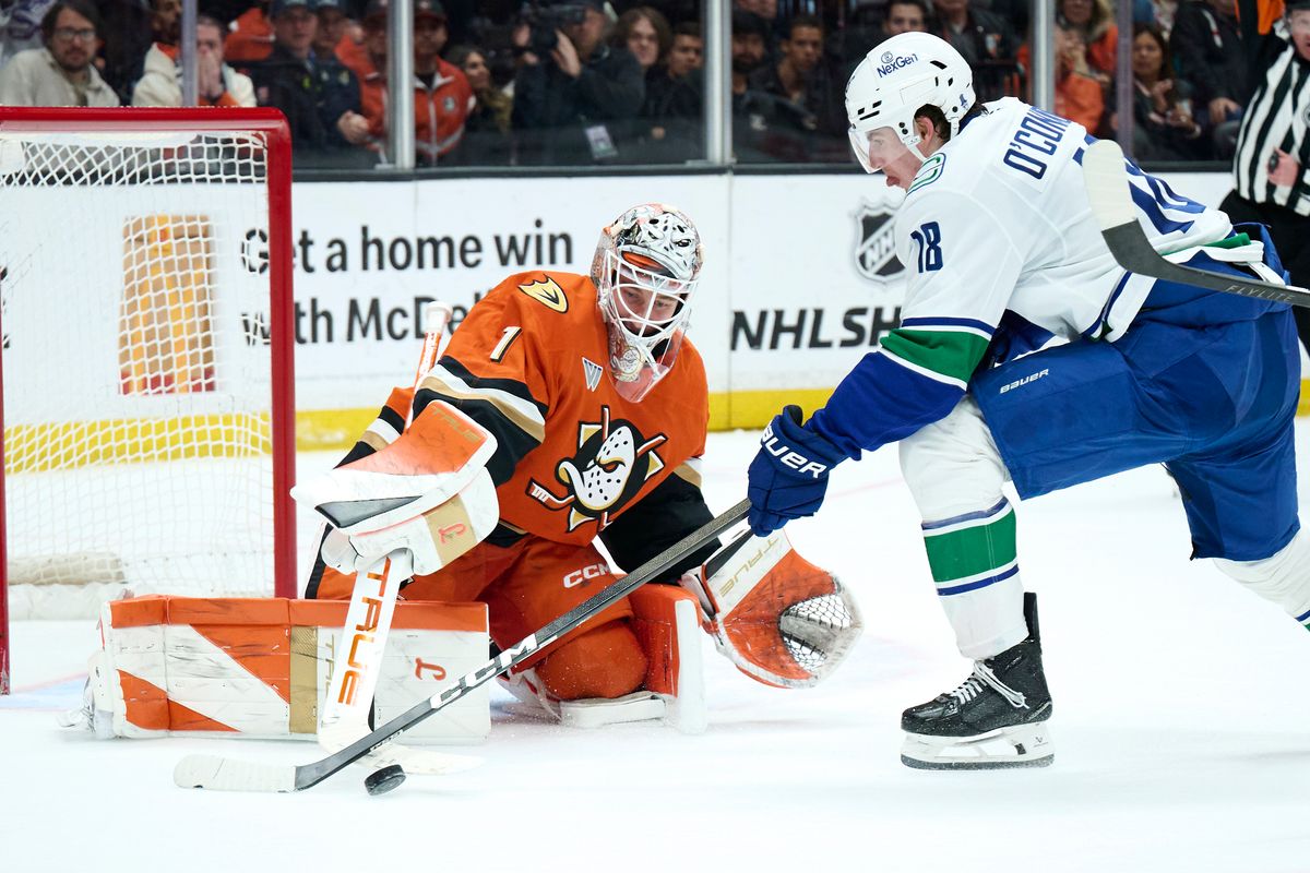 The Anaheim Duck’s Lukas Dostal #1 blocks a goal attempt during an NHL game against the Vancouver Canucks, April 12th, 2026 in Anaheim California. The Anaheim Duck’s Lukas Dostal #1 blocks a goal attempt during an NHL game against the Vancouver Canucks, April 12th, 2026 in Anaheim California.