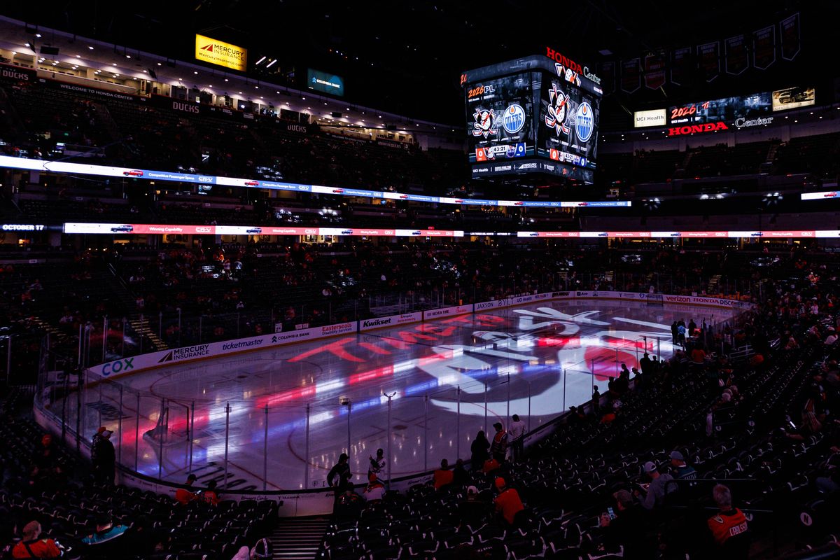 A general view of the arena before an NHL Playoffs game against the Edmonton Oilers on April 24, 2026 at Honda Center in Anaheim, California. A general view of the arena before an NHL Playoffs game against the Edmonton Oilers on April 24, 2026 at Honda Center in Anaheim, California.