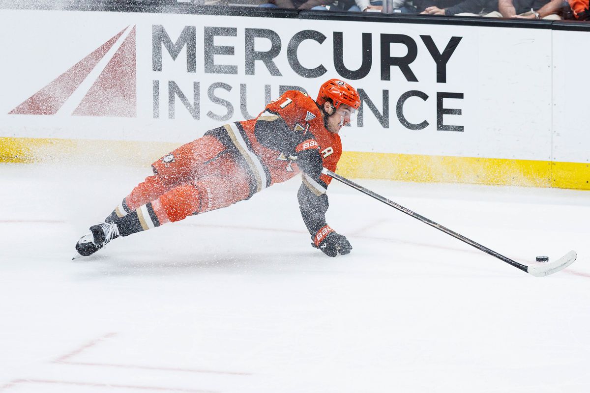 Leo Carlsson #91 of the Anaheim Ducks slips during an NHL Playoffs game against the Edmonton Oilers on April 24, 2026 at Honda Center in Anaheim, California. Leo Carlsson #91 of the Anaheim Ducks slips during an NHL Playoffs game against the Edmonton Oilers on April 24, 2026 at Honda Center in Anaheim, California.