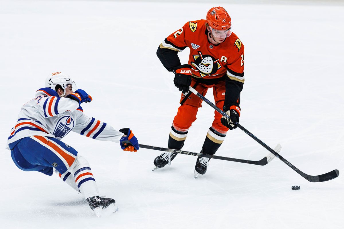 Nathan Gaucher #22 of the Anaheim Ducks handles the puck during an NHL Playoffs game against the Edmonton Oilers on April 24, 2026 at Honda Center in Anaheim, California. Nathan Gaucher #22 of the Anaheim Ducks handles the puck during an NHL Playoffs game against the Edmonton Oilers on April 24, 2026 at Honda Center in Anaheim, California.