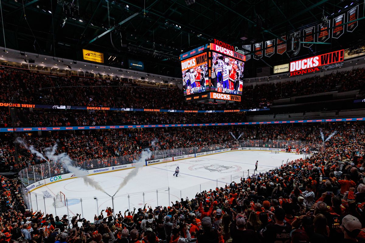 A general view of the arena after a victory during an NHL Playoffs game against the Edmonton Oilers on April 24, 2026 at Honda Center in Anaheim, California. A general view of the arena after a victory during an NHL Playoffs game against the Edmonton Oilers on April 24, 2026 at Honda Center in Anaheim, California.