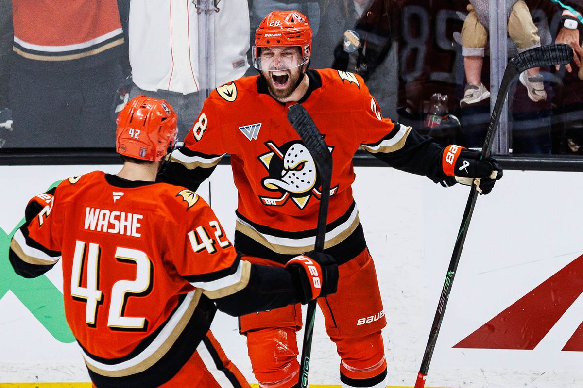 Jeffrey Viel #28 of the Anaheim Ducks (right) celebrates with Tim Washe #42 (left) after scoring a goal during an NHL Playoffs game against the Edmonton Oilers on April 24, 2026 at Honda Center in Anaheim, California. Jeffrey Viel #28 of the Anaheim Ducks (right) celebrates with Tim Washe #42 (left) after scoring a goal during an NHL Playoffs game against the Edmonton Oilers on April 24, 2026 at Honda Center in Anaheim, California.