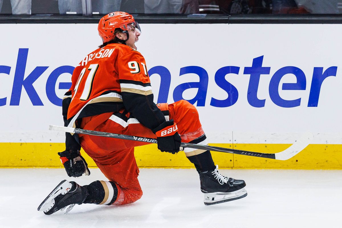 Leo Carlsson #91 of the Anaheim Ducks celebrates after scoring a goal during an NHL Playoffs game against the Edmonton Oilers on April 24, 2026 at Honda Center in Anaheim, California. Leo Carlsson #91 of the Anaheim Ducks celebrates after scoring a goal during an NHL Playoffs game against the Edmonton Oilers on April 24, 2026 at Honda Center in Anaheim, California.