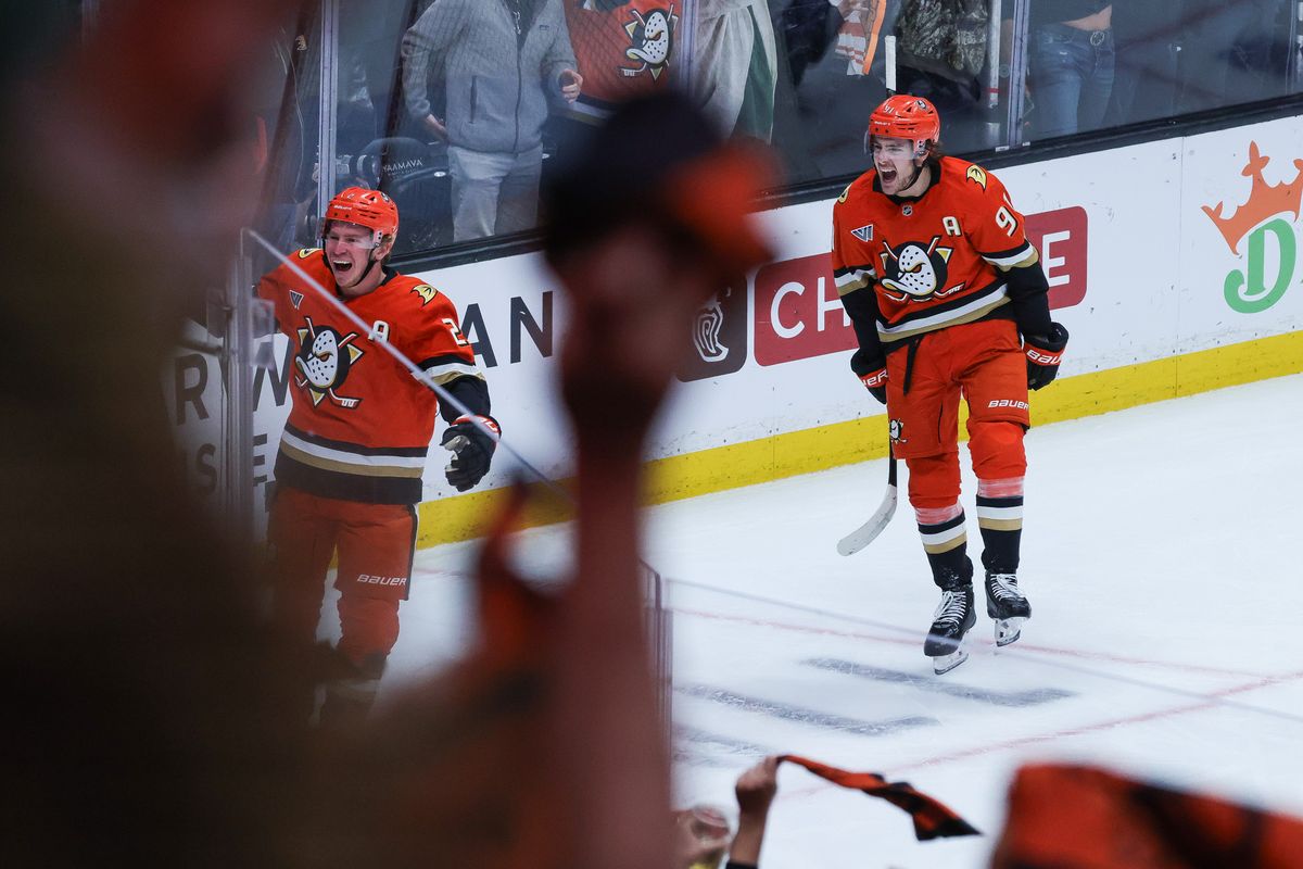 Anaheim Ducks defenseman Jackson LaCombe (2) celebrates with Leo Carlsson (91) during the NHL game against the Edmonton Oilers, Thursday April 30th, 2026 at Honda Center in Anaheim, Calif. Anaheim Ducks defenseman Jackson LaCombe (2) celebrates with Leo Carlsson (91) during the NHL game against the Edmonton Oilers, Thursday April 30th, 2026 at Honda Center in Anaheim, Calif.