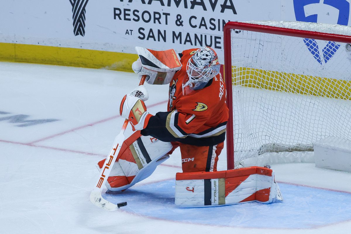 Anaheim Ducks goalie Lukas Dostal (1) passes the puck during the NHL game against the Edmonton Oilers, Thursday April 30th, 2026 at Honda Center in Anaheim, Calif. Anaheim Ducks goalie Lukas Dostal (1) passes the puck during the NHL game against the Edmonton Oilers, Thursday April 30th, 2026 at Honda Center in Anaheim, Calif.