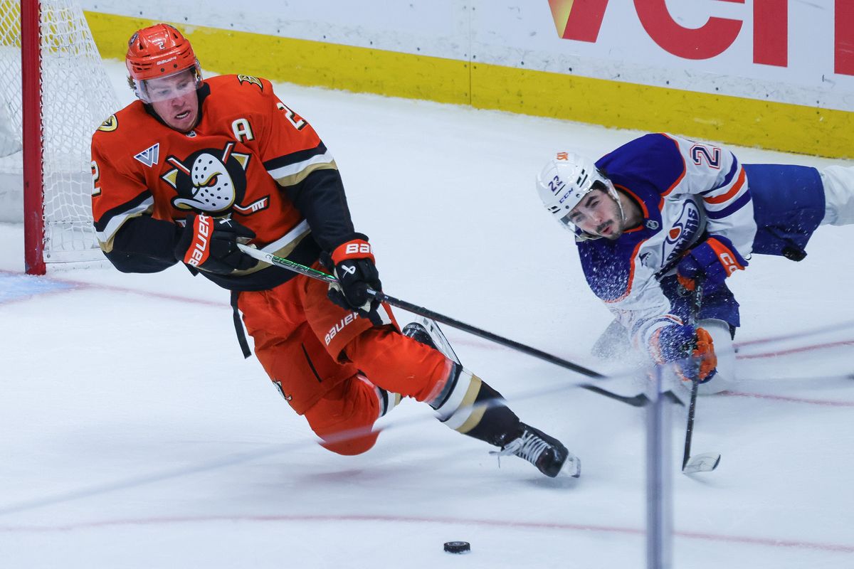 Anaheim Ducks defenseman Jackson LaCombe (2) falls during the NHL game against the Edmonton Oilers, Thursday April 30th, 2026 at Honda Center in Anaheim, Calif. Anaheim Ducks defenseman Jackson LaCombe (2) falls during the NHL game against the Edmonton Oilers, Thursday April 30th, 2026 at Honda Center in Anaheim, Calif.