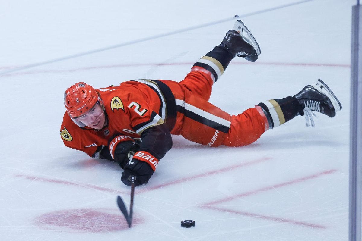 Anaheim Ducks defenseman Jackson LaCombe (2) falls during the NHL game against the Edmonton Oilers, Thursday April 30th, 2026 at Honda Center in Anaheim, Calif. Anaheim Ducks defenseman Jackson LaCombe (2) falls during the NHL game against the Edmonton Oilers, Thursday April 30th, 2026 at Honda Center in Anaheim, Calif.