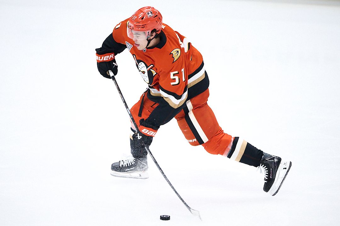 The Anaheim Ducks Olen Zellweger #51 shoots a goal attempt during an NHL playoffs game against The Vegas Golden Knights on May 10th, 2026 at Honda Center in Anaheim, California. The Anaheim Ducks Olen Zellweger #51 shoots a goal attempt during an NHL playoffs game against The Vegas Golden Knights on May 10th, 2026 at Honda Center in Anaheim, California.