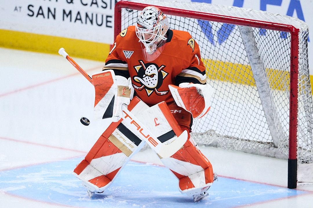 The Anaheim Ducks Lukas Dostal #1 blocks a goal attempt during an NHL playoffs game against The Vegas Golden Knights on May 10th, 2026 at Honda Center in Anaheim, California. The Anaheim Ducks Lukas Dostal #1 blocks a goal attempt during an NHL playoffs game against The Vegas Golden Knights on May 10th, 2026 at Honda Center in Anaheim, California.