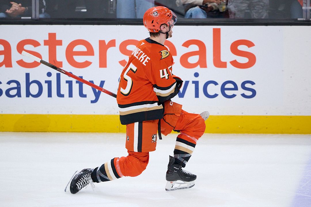 The Anaheim Ducks Beckett Sennecke #45 scores a goal during an NHL playoffs game against The Vegas Golden Knights on May 10th, 2026 at Honda Center in Anaheim, California. The Anaheim Ducks Beckett Sennecke #45 scores a goal during an NHL playoffs game against The Vegas Golden Knights on May 10th, 2026 at Honda Center in Anaheim, California.