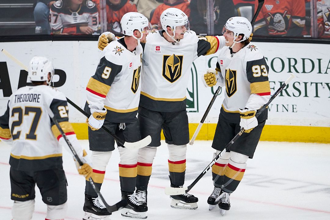 The Vegas Golden Knights celebrate a goal scored during an NHL playoffs game against The Anaheim Ducks on May 10th, 2026 at Honda Center in Anaheim, California. The Vegas Golden Knights celebrate a goal scored during an NHL playoffs game against The Anaheim Ducks on May 10th, 2026 at Honda Center in Anaheim, California.