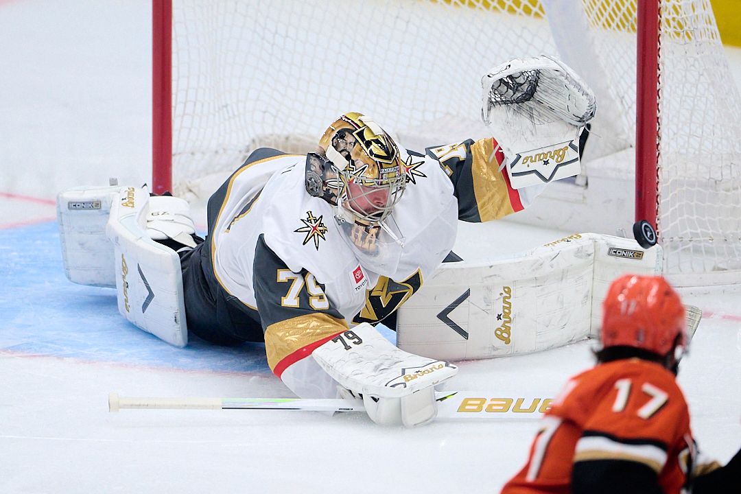 The Vegas Golden Knights Carter Hart #79 blocks a goal attempt during an NHL playoffs game against The Anaheim Ducks on May 10th, 2026 at Honda Center in Anaheim, California. The Vegas Golden Knights Carter Hart #79 blocks a goal attempt during an NHL playoffs game against The Anaheim Ducks on May 10th, 2026 at Honda Center in Anaheim, California.