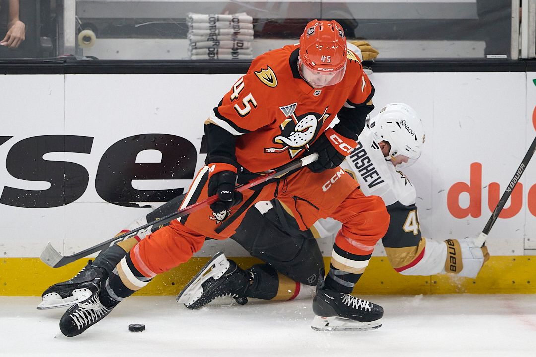 The Anaheim Ducks Beckett Sennecke #45 fights for the puck during an NHL playoffs game against The Vegas Golden Knights on May 10th, 2026 at Honda Center in Anaheim, California. The Anaheim Ducks Beckett Sennecke #45 fights for the puck during an NHL playoffs game against The Vegas Golden Knights on May 10th, 2026 at Honda Center in Anaheim, California.