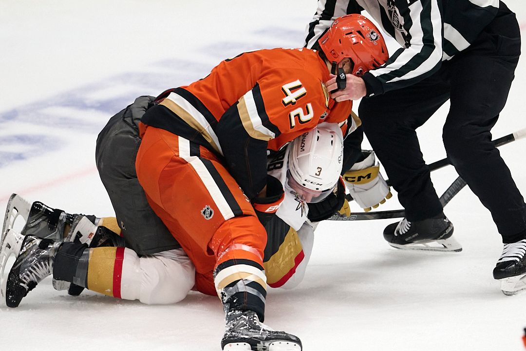 The Anaheim Ducks Tim Washe #42 fights with The Vegas Golden Knights Brayden McNabb #3 during an NHL playoffs game against The Vegas Golden Knights on May 10th, 2026 at Honda Center in Anaheim, California. The Anaheim Ducks Tim Washe #42 fights with The Vegas Golden Knights Brayden McNabb #3 during an NHL playoffs game against The Vegas Golden Knights on May 10th, 2026 at Honda Center in Anaheim, California.