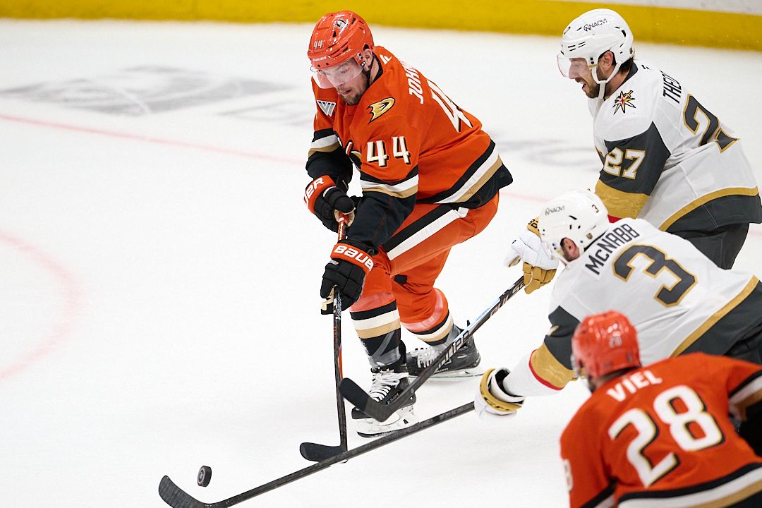 The Anaheim Ducks Ross Johnston #44 fights for the puck during an NHL playoffs game against The Vegas Golden Knights on May 10th, 2026 at Honda Center in Anaheim, California. The Anaheim Ducks Ross Johnston #44 fights for the puck during an NHL playoffs game against The Vegas Golden Knights on May 10th, 2026 at Honda Center in Anaheim, California.
