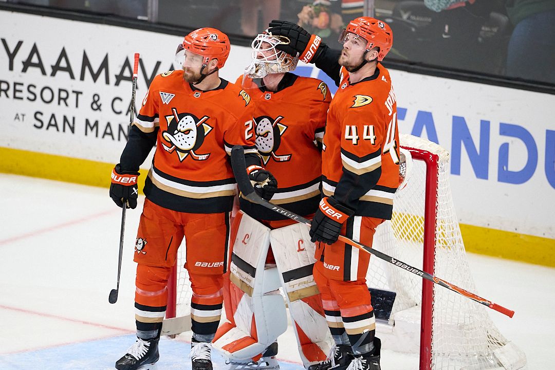 The Anaheim Ducks Ross Johnston #44, Lukas Dostal #1 and Jeffrey Viel #28 celebrate a win during an NHL playoffs game against The Vegas Golden Knights on May 10th, 2026 at Honda Center in Anaheim, California. The Anaheim Ducks Ross Johnston #44, Lukas Dostal #1 and Jeffrey Viel #28 celebrate a win during an NHL playoffs game against The Vegas Golden Knights on May 10th, 2026 at Honda Center in Anaheim, California.