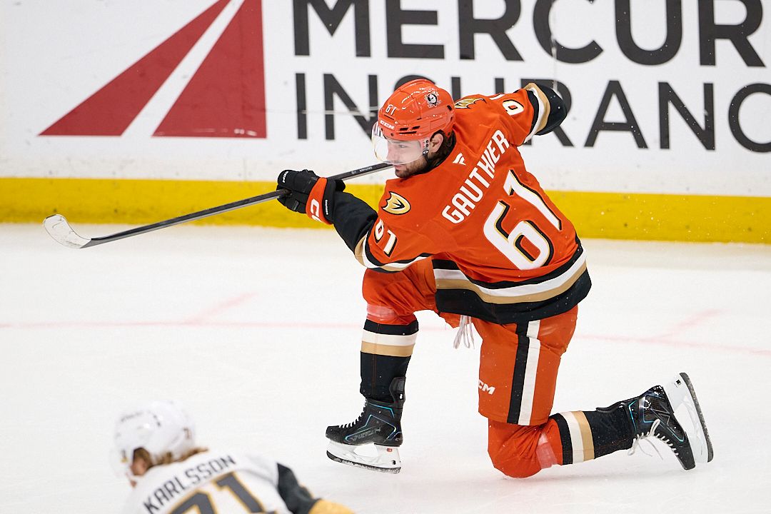 The Anaheim Ducks Cutter Gauthier #61 shoots a goal attempt during an NHL playoffs game against The Vegas Golden Knights on May 10th, 2026 at Honda Center in Anaheim, California. The Anaheim Ducks Cutter Gauthier #61 shoots a goal attempt during an NHL playoffs game against The Vegas Golden Knights on May 10th, 2026 at Honda Center in Anaheim, California.
