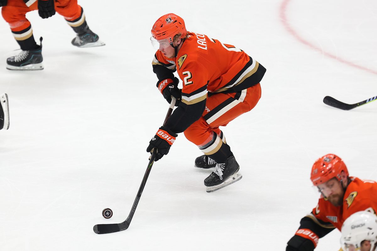 Anaheim Ducks defenseman Jackson LaCombe (2) skates with the puck during a Stanley Cup Playoff game against the Las Vegas Golden Knights on May 14, 2026 in Anaheim, CA. Anaheim Ducks defenseman Jackson LaCombe (2) skates with the puck during a Stanley Cup Playoff game against the Las Vegas Golden Knights on May 14, 2026 in Anaheim, CA.