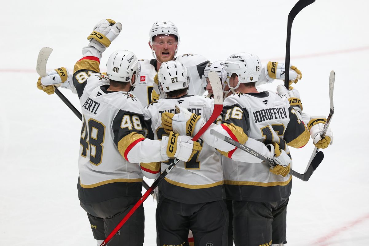 Las Vegas Golden Knights players celebrate a goal in the third period during a Stanley Cup Playoff game against the Anaheim Ducks on May 14, 2026 in Anaheim, CA. Las Vegas Golden Knights players celebrate a goal in the third period during a Stanley Cup Playoff game against the Anaheim Ducks on May 14, 2026 in Anaheim, CA.
