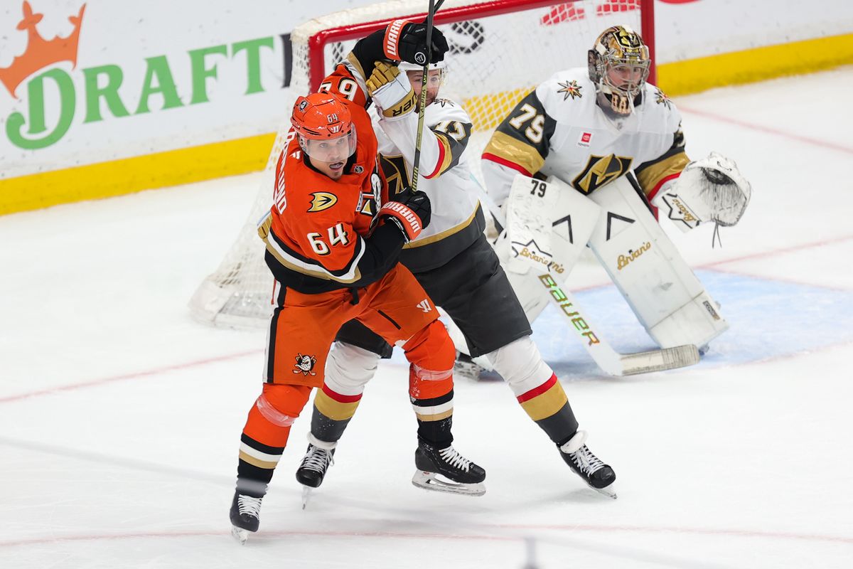 Anaheim Ducks center Mikael Granlund (64) battles for position during a Stanley Cup Playoff game against the Las Vegas Golden Knights on May 14, 2026 in Anaheim, CA. Anaheim Ducks center Mikael Granlund (64) battles for position during a Stanley Cup Playoff game against the Las Vegas Golden Knights on May 14, 2026 in Anaheim, CA.