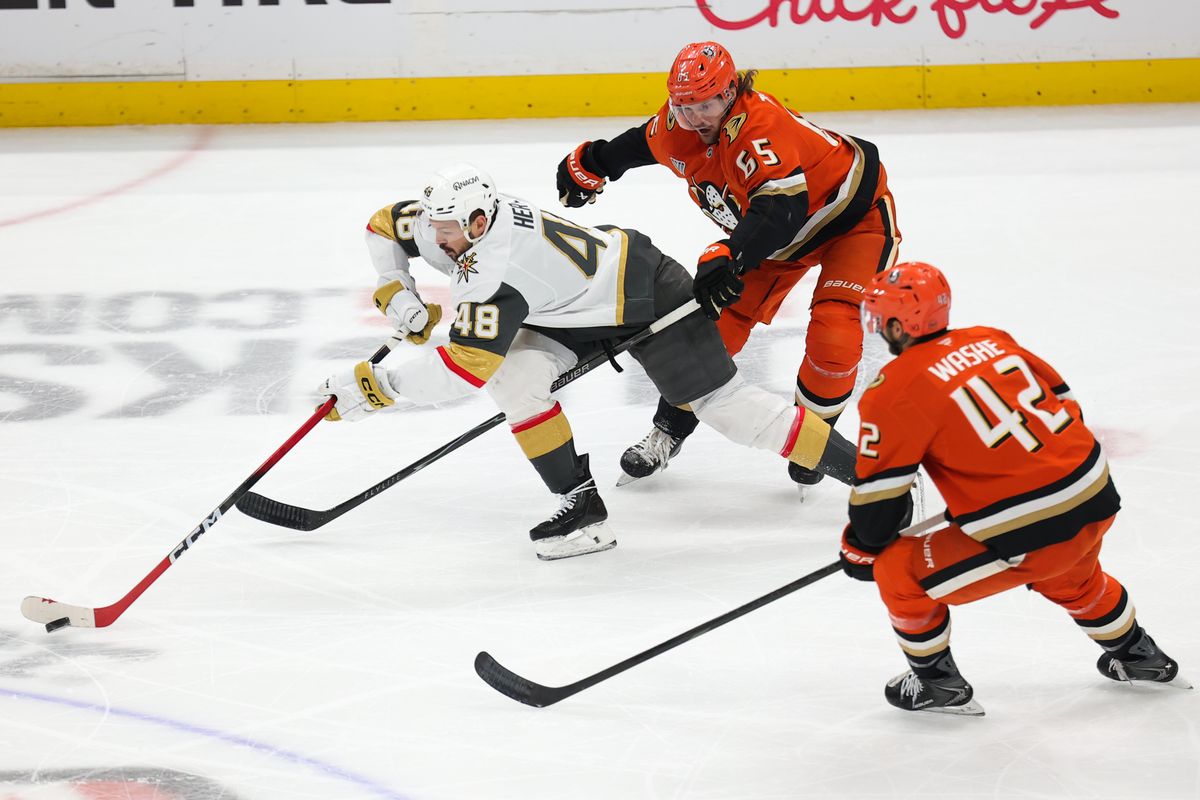 Las Vegas Golden Knights center Tomas Hertl (48) skates with the puck during a Stanley Cup Playoff game against the Anaheim Ducks on May 14, 2026 in Anaheim, CA. Las Vegas Golden Knights center Tomas Hertl (48) skates with the puck during a Stanley Cup Playoff game against the Anaheim Ducks on May 14, 2026 in Anaheim, CA.
