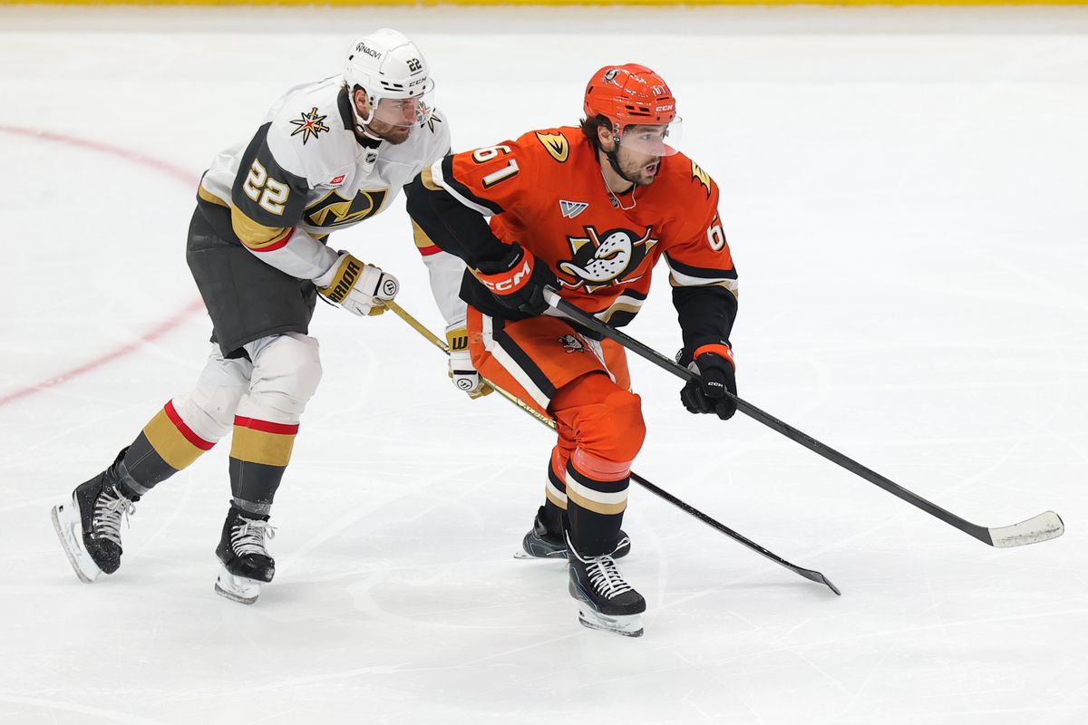Anaheim Ducks left wing Cutter Gauthier (61) and Vegas Golden Knights right wing Cole Smith (22) chase after the puck during a Stanley Cup Playoff game on May 14, 2026 in Anaheim, CA. Anaheim Ducks left wing Cutter Gauthier (61) and Vegas Golden Knights right wing Cole Smith (22) chase after the puck during a Stanley Cup Playoff game on May 14, 2026 in Anaheim, CA.