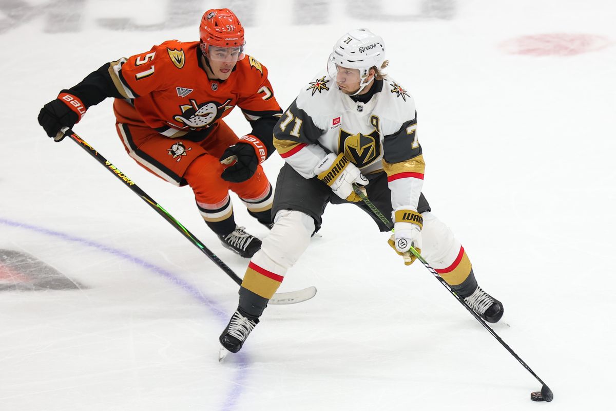 Las Vegas Golden Knights center William Karlsson (71) skates with the puck during a Stanley Cup Playoff game against the Anaheim Ducks on May 14, 2026 in Anaheim, CA. Las Vegas Golden Knights center William Karlsson (71) skates with the puck during a Stanley Cup Playoff game against the Anaheim Ducks on May 14, 2026 in Anaheim, CA.